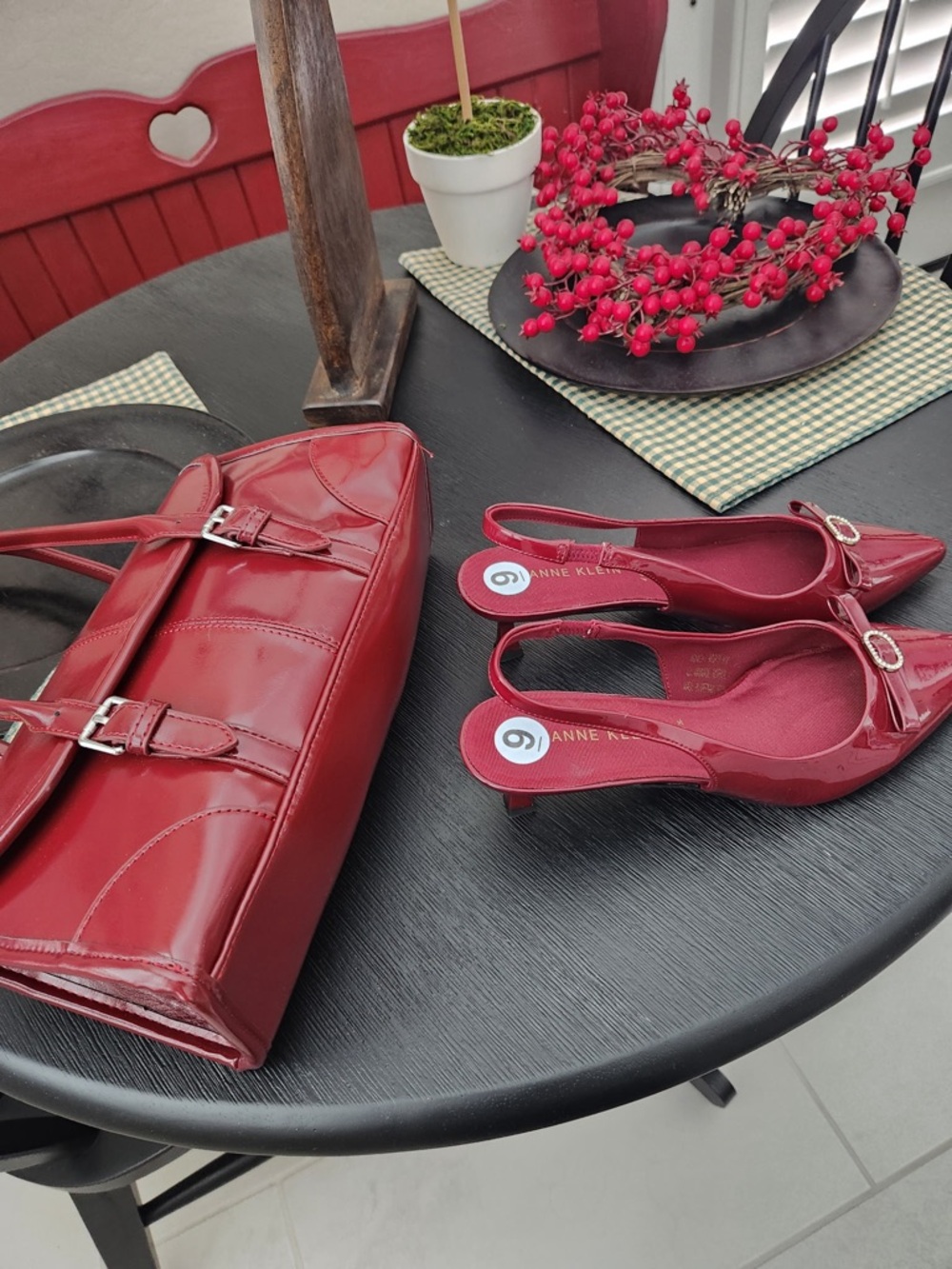Anne Klein Red Patent Slingback Mules with Matching Tote